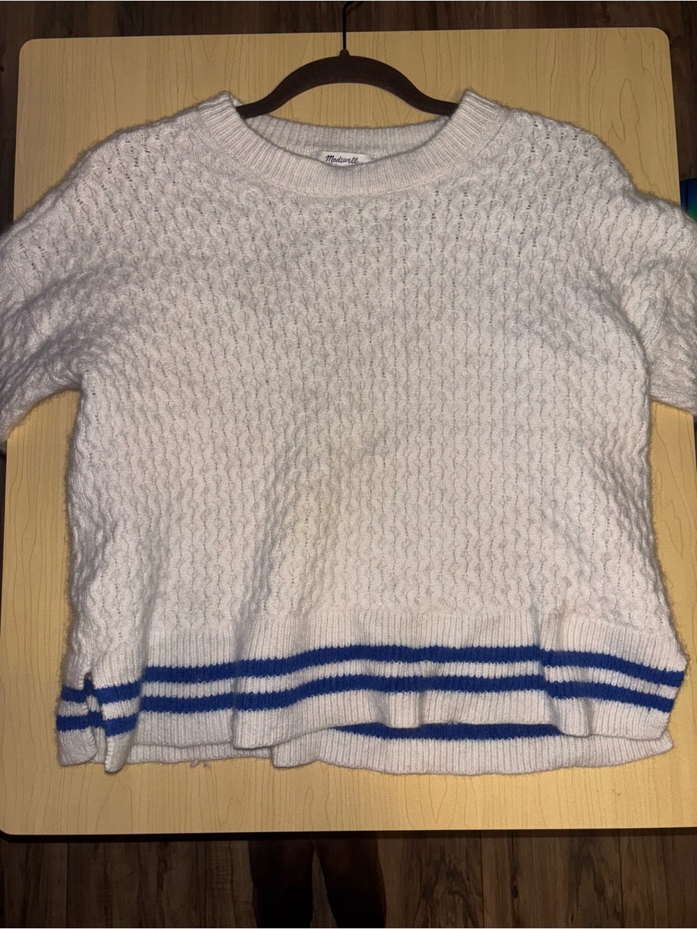 Madewell White Cable Knit Sweater with Blue Stripe Trim - Picture 10 of 10